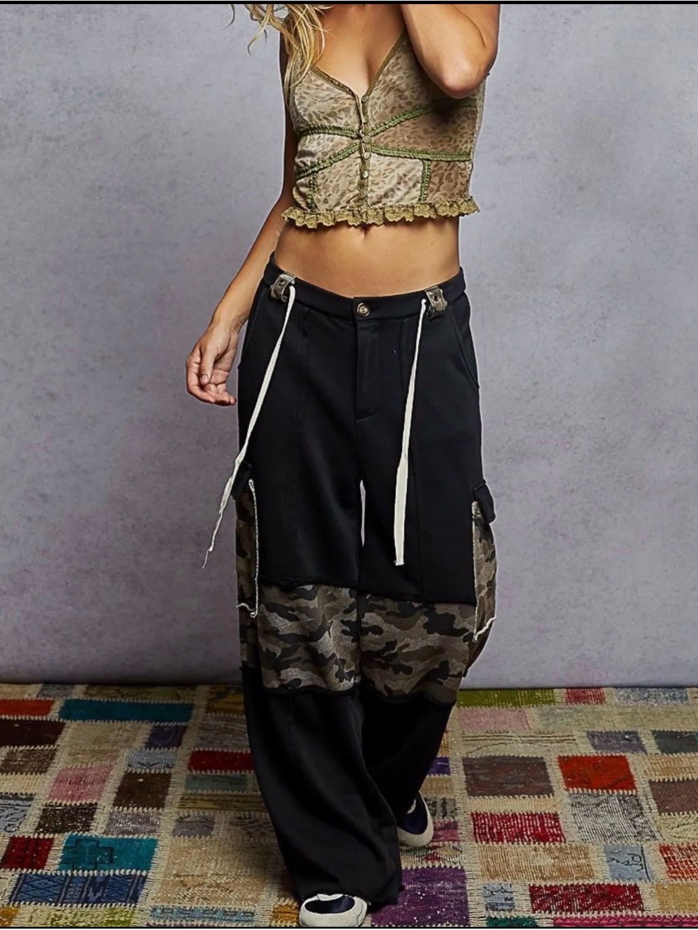 POL Black Wide-Leg Cargo Pants with Camouflage Panels and White Drawcords
